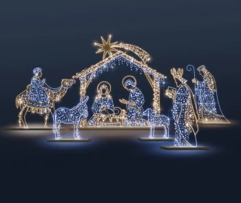 CD130-025 Duza dekoracja wolnostojaca podswietlona 3D Stajenka szopka z postaciami swietej rodziny podswietlona bialym swiatlem zlota konstrukcja Selfie iluminacja Led 240cm xmass decoration Christmas Dec.webp