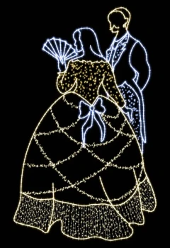 CD130-121 Duza dekoracja wolnostojaca podswietlona 3D Para barokowa Pani z wachlarzem elegancki pan podswietlona bialym swiatlem zlota konstrukcja Fotopoint iluminacja Led 240cm xmass decoration Christmas.webp