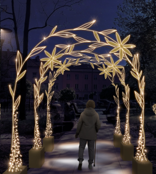 CD130-104 Dekoracja LED tunel kwiatowy  złote łodygi z kwiatami i liśćmi ciepła biel, cztery kolumny na złotych podstawach tworzące przejście, iluminacja parkowa zewnętrzna nocą