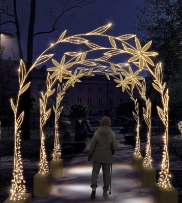 CD130-104 Dekoracja LED tunel kwiatowy  złote łodygi z kwiatami i liśćmi ciepła biel, cztery kolumny na złotych podstawach tworzące przejście, iluminacja parkowa zewnętrzna nocą