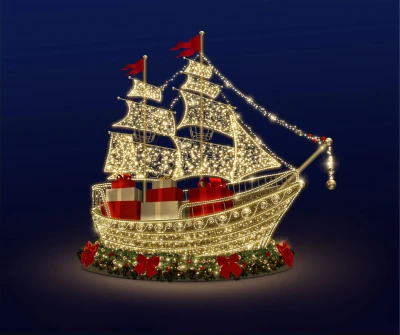 CD130-289  Duża dekoracja LED statek trzy masztowy 3D złota galeon ciepła biel z żaglami LED, czerwone flagi na masztach, kolorowe prezenty w ładowni, wieniec z cz.jpg