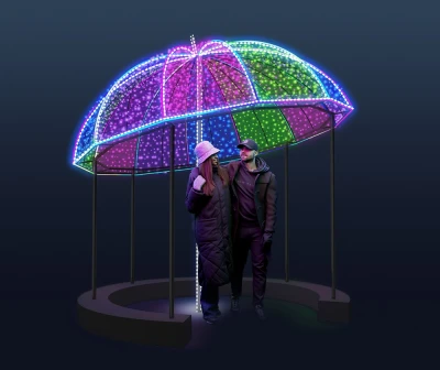 CD130-031 Duża podświetlana altana LED parasol RGB  kopuła w kolorach różowym zielonym niebieskim i fioletowym, podświetlana podstawa, interaktywna dekoracja plenerowa zewnętrzna nocą