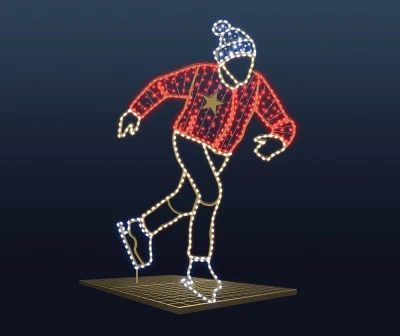 CD130-296 Duża dekoracja LED łyżwiarz figurowy 3D figura mężczyzny w dynamicznej pozie z czerwoną kurtką w paski niebieską czapką i białymi łyżwami LED, ciepła biel konturów nóg, złota podstawa kratownicowa, dekoracja zimowa zewnętrzna.webp
