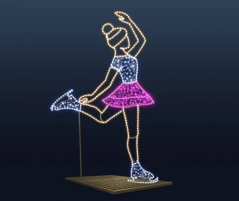 CD130-297 Duża dekoracja LED łyżwiarka figurowa 3D figura tancerki w dynamicznej pozie z różową spódnicą fioletową niebieskim gorsetem i białymi łyżwami LED, ciepła biel konturów, złota podstawa kratownicowa, dekoracja zimowa zewnętrzna .webp