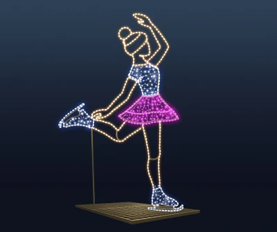 CD130-297 Duża dekoracja LED łyżwiarka figurowa 3D figura tancerki w dynamicznej pozie z różową spódnicą fioletową niebieskim gorsetem i białymi łyżwami LED, ciepła biel konturów, złota podstawa kratownicowa, dekoracja zimowa zewnętrzna .webp
