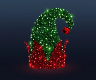 CD130-306 Dekoracja LED czapka skrzata świątecznego 90cm zielona opadająca czapka z czerwoną bombką na końcu, czerwona ząbkowana podstawa korony, zielone i czerwone diody LED, dekoracja bożonarodzeniowa wolnostojąca zewnętrzna.webp