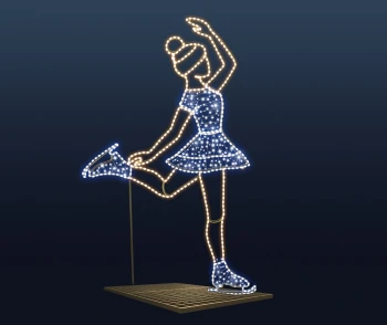 CD130-311 Duża dekoracja LED łyżwiarka figurowa 3D figura tancerki w dynamicznej pozie z niebiesko-białą sukienką zimna biel LED, ciepły złoty neonowy kontur sylwetki, białe łyżwy, złota podstawa kratownicowa, dekoracja zimowa zewnętrzna.webp