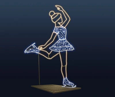 CD130-311 Duża dekoracja LED łyżwiarka figurowa 3D figura tancerki w dynamicznej pozie z niebiesko-białą sukienką zimna biel LED, ciepły złoty neonowy kontur sylwetki, białe łyżwy, złota podstawa kratownicowa, dekoracja zimowa zewnętrzna.webp