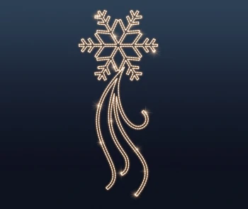 Dekoracja latarniowa ozdobny płatek śniegu wykonany z ciepłego złotego węża świetlnego z trzema elegancko wygiętymi falistymi wstęgami po prawej stronie z ciepłego złote