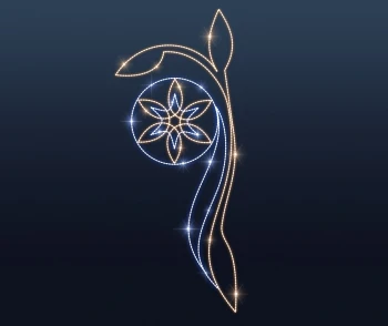 Dekoracja latarniowa okrągły medalion z geometrycznym sześciopłatkowym kwiatem wykonanym z białego zimnego węża świetlnego w obręczy osadzony na eleganckiej wygiętej łodydze