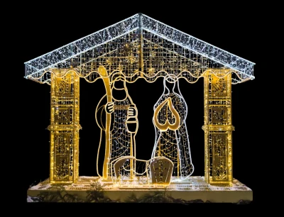CD130-178 Duza dekoracja wolnostojaca podswietlona 3D Szopka stajenka bozonarodzeniowa swieta rodzina postacie podswietlona bialym swiatlem zlota konstrukcja Selfie iluminacja Led 340 cm xmass decoration.webp