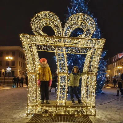 CD130-203 Duza dekoracja wolnostojaca podswietlona 3D Prezent z wejsciem zloty pod choinke selfie podswietlona bialym swiatlem zlota konstrukcja Fotopoint iluminacja Led 300cm xmass decoration Christmas D.webp