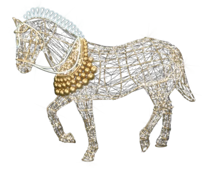 CD130-085 Duza dekoracja wolnostojaca podswietlona 3D Kon do zaprzegu karocy podswietlona bialym swiatlem zlota konstrukcja Fotopoint iluminacja Led 250cm xmass decoration Christmas Decor.webp
