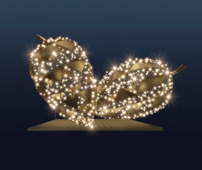 CD130-103  Duża dekoracja LED Szyszki 3D  dwie złote szyszki leżące pokryte diodami LED w ciepłej bieli, złota powierzchnia z łuskami, metalowa podstawa kratownicowa, iluminacja zewnętrzna jesienno-zimowa.webp