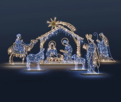 CD130-025 Duza dekoracja wolnostojaca podswietlona 3D Stajenka szopka z postaciami swietej rodziny podswietlona bialym swiatlem zlota konstrukcja Selfie iluminacja Led 240cm xmass decoration Christmas Dec.webp