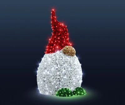 CD130-302 Duża dekoracja LED skrzat świąteczny 3D  czerwona spiczasta czapka ze złotym pomponem, biały kulisto-puchaty tułów zimna biel LED, zielone okrągłe buty, dekoracja bożonarodzeniowa wolnostojąca zewnętrzna.webp